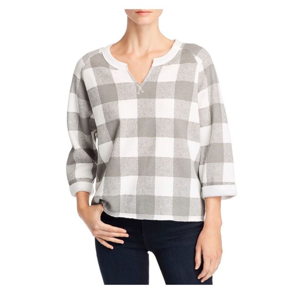 ALTERNATIVE Womens White Check 3/4 Sleeve V Neck Hi-Lo Sweater Size: XS